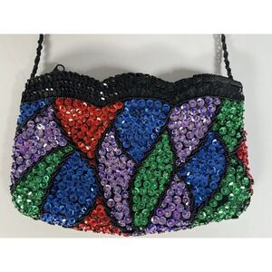 Vintage 90s La Regale Multi Color Sequin Handbag‎ with Black Beaded Strap